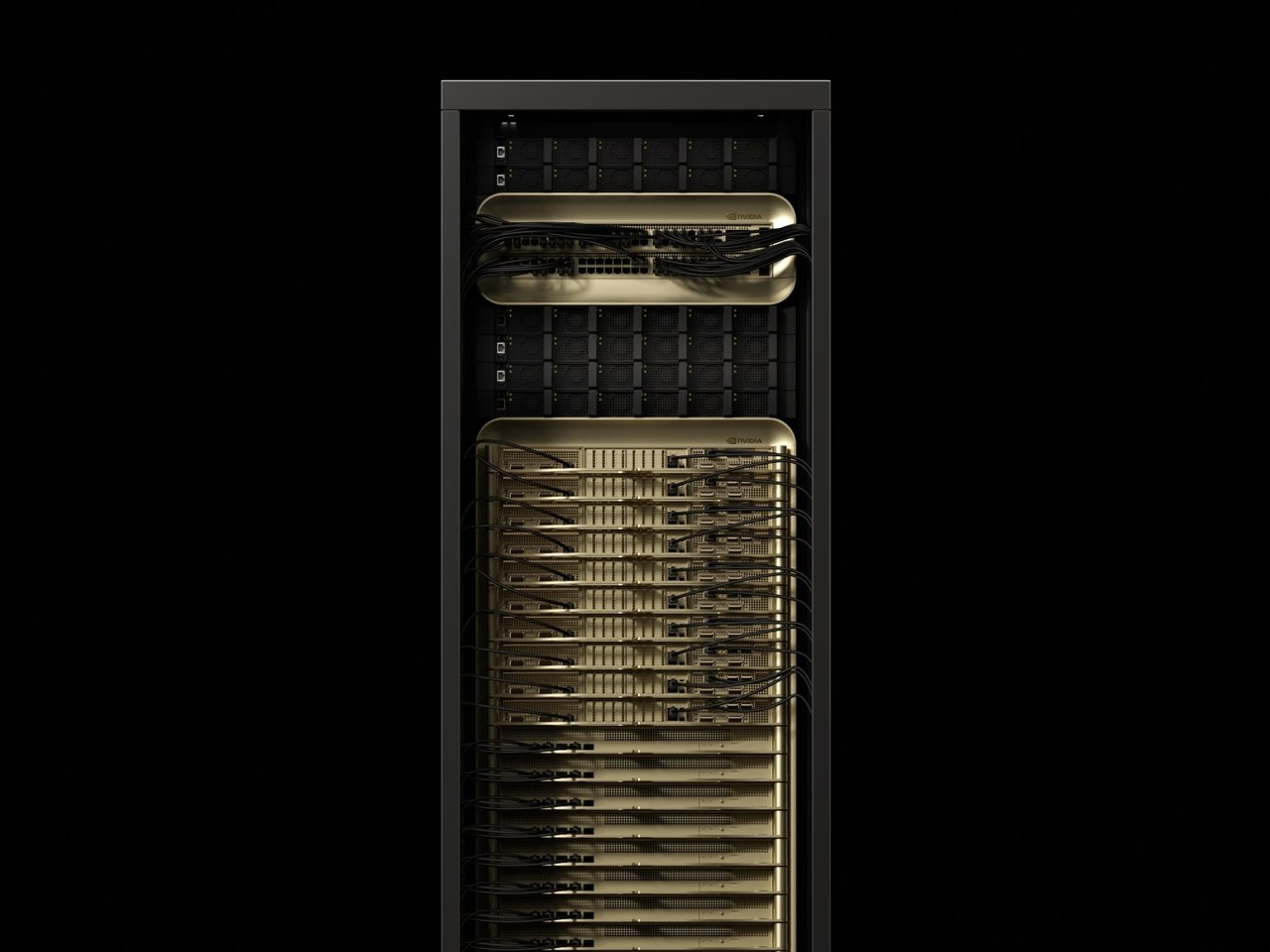 NVIDIA rendering of one GB300 NVL72 rack, seen from the front on a black background, showing the upper part of a tall black cabinet filled with gold-faced compute trays.