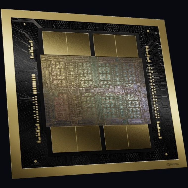 NVIDIA Blackwell GPU package render: the compute silicon in the center with four memory stacks above and four below, inside a gold frame.