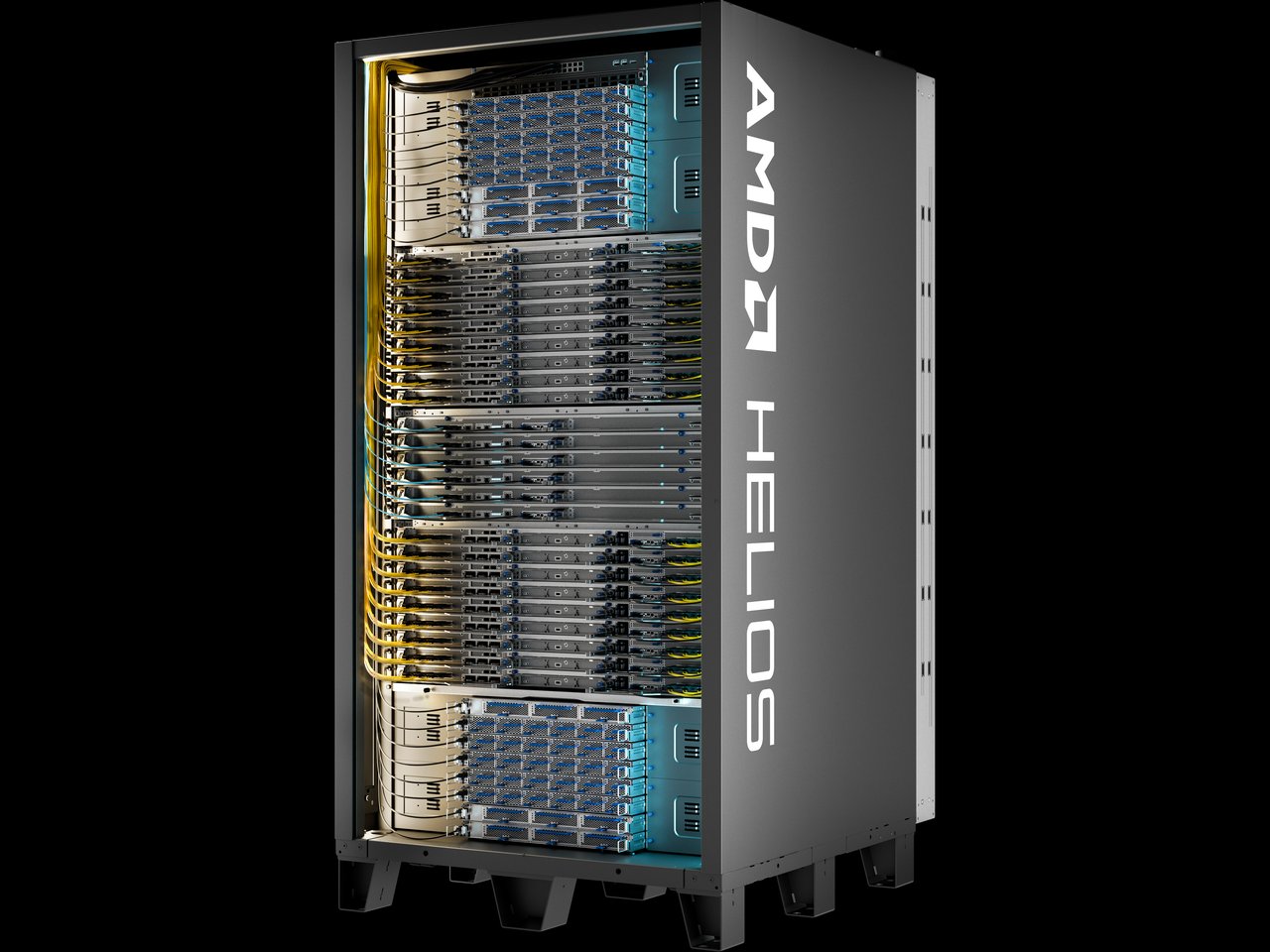 AMD rendering of one Helios rack on a black background: a wide dark cabinet with AMD HELIOS printed down its side, its open front showing stacked server trays with yellow and blue cabling.