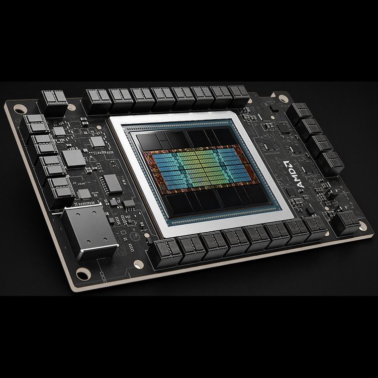 AMD Instinct MI350-series accelerator module: a black board with the AMD logo, memory around a silver frame, and a blue, green, and orange compute die, on a black background.