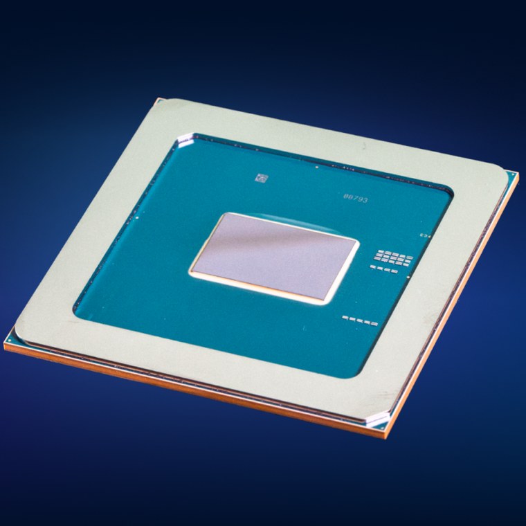 Intel data center GPU processor package with an exposed chip die on a dark background.