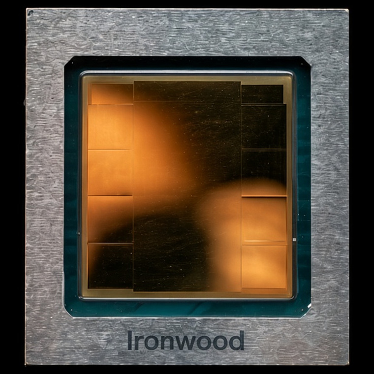 Google Ironwood TPU: a metal-framed chip with amber silicon and the word Ironwood printed on the frame, on a black background.