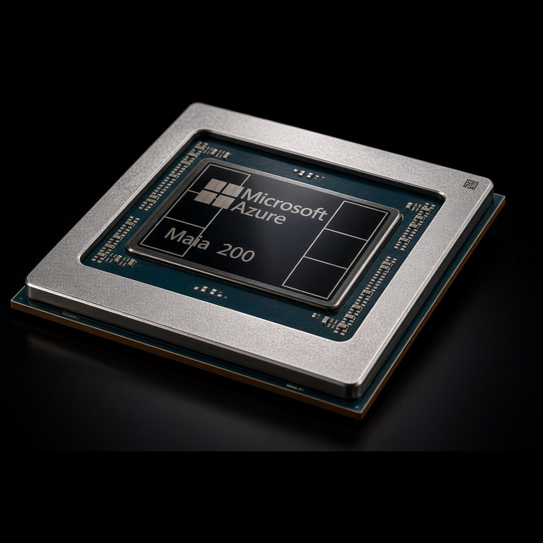 Microsoft Maia 200 chip: a silver-framed package with Microsoft Azure Maia 200 printed on the silicon lid.