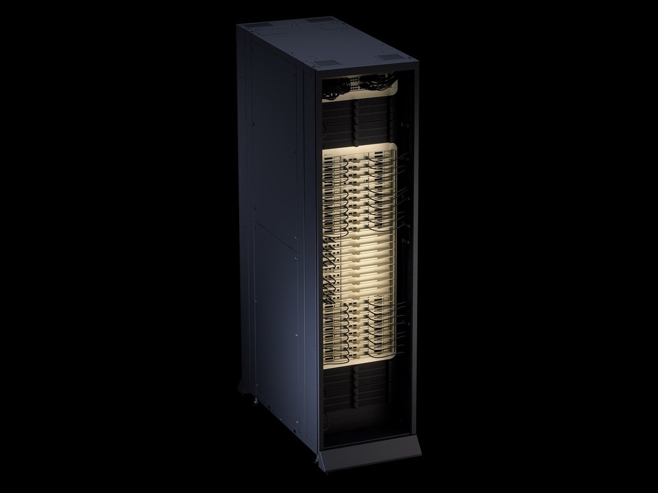 NVIDIA rendering of one Vera Rubin NVL72 rack at a three-quarter angle on a black background: an enclosed dark blue cabinet with a lit column of gold compute trays behind its front opening.