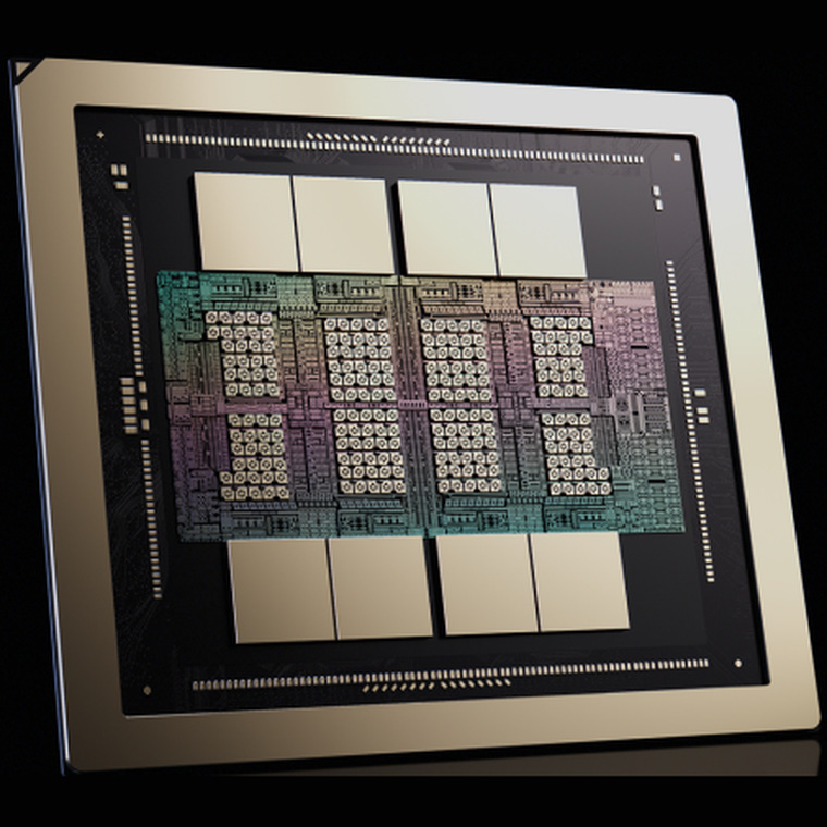 NVIDIA Rubin GPU package render: the compute silicon in the center with four memory stacks above and four below, inside a silver frame on a black background.