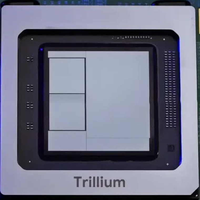 Google Trillium TPU on its circuit board: a large silver lid around the silicon, with the word Trillium printed along the bottom edge.